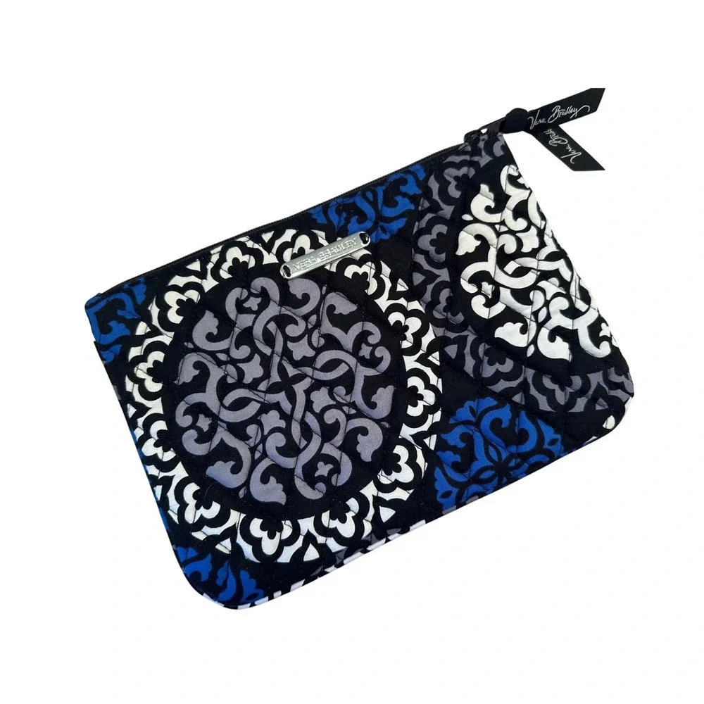 Vera Bradley Cosmetic Bag Pouch Black Blue Medallion Pattern Quilted Zip Closure